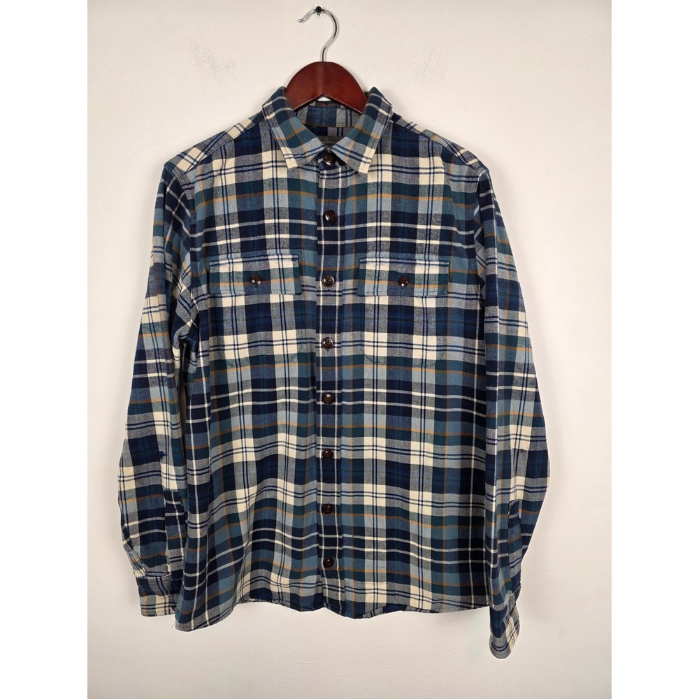 LL Bean Signature Slim Fit Flannel Shirt Mens MT‎ Blue Plaid Button Up